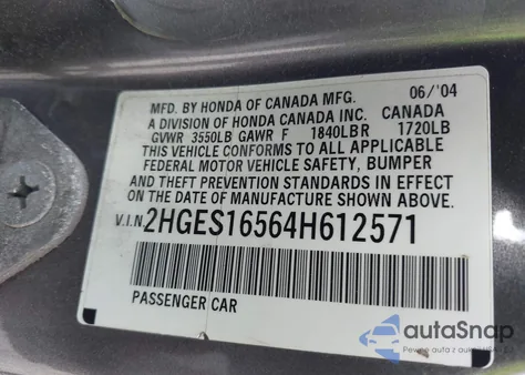 2004 Honda Civic Lx z USA, uszkodzony, nr VIN 2HGES16564H612571